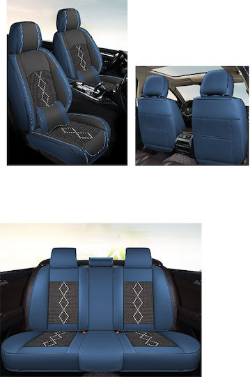 Huse Scaune Auto Premium 5 Locuri Carguard Deluxe Perforate Eco Piele Textil Negru Albastru Închis