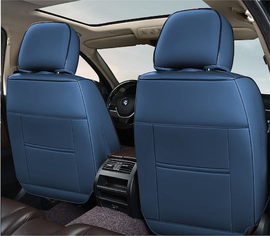 Huse Scaune Auto Premium 5 Locuri Carguard Deluxe Perforate Eco Piele Textil Negru Albastru Închis