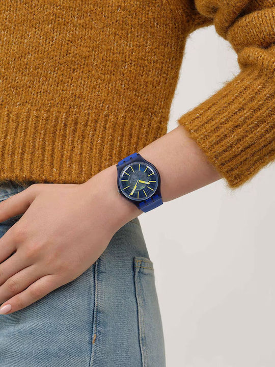 Swatch Bioceramic Ανδρικό Ρολόι Μπαταρίας με Μπλε Καουτσούκ Λουράκι