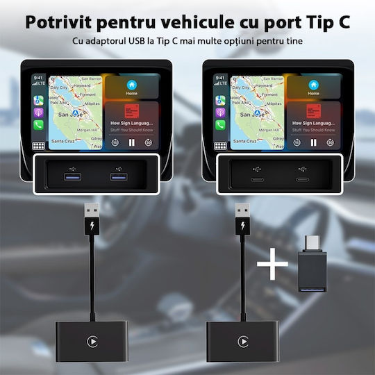 Wireless Adapter Ctht-020-2 Apple Carplay Iphone Ios 10+ Usb-type C Dongle 5g Wifi Bluetooth Automatic Connection Black