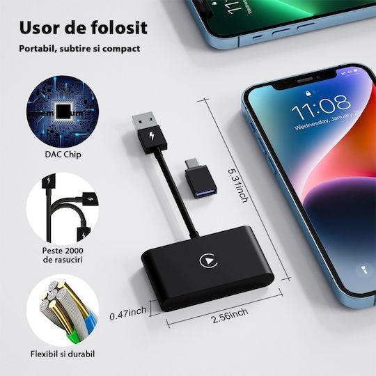 Wireless Adapter Ctht-020-2 Apple Carplay Iphone Ios 10+ Usb-type C Dongle 5g Wifi Bluetooth Automatic Connection Black