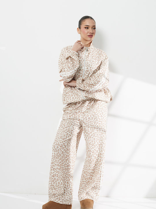 Women's Beige Set with Pants in Loose Fit Leopard