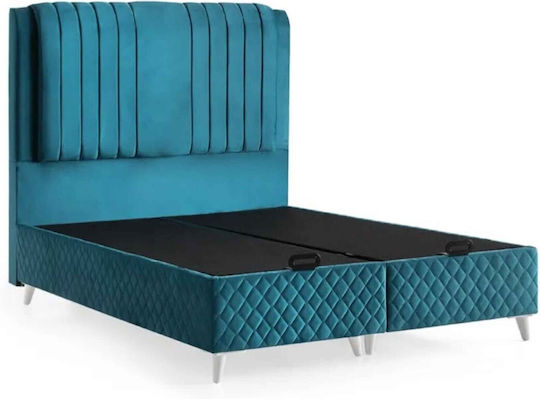 Petrol Blau Doppelbett mit Orthopädischer Matratze Kopfteil & Stauraum 160x200cm
