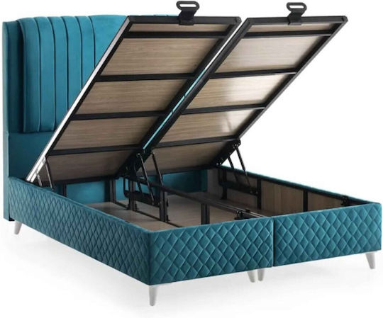Petrol Blau Doppelbett mit Orthopädischer Matratze Kopfteil & Stauraum 160x200cm