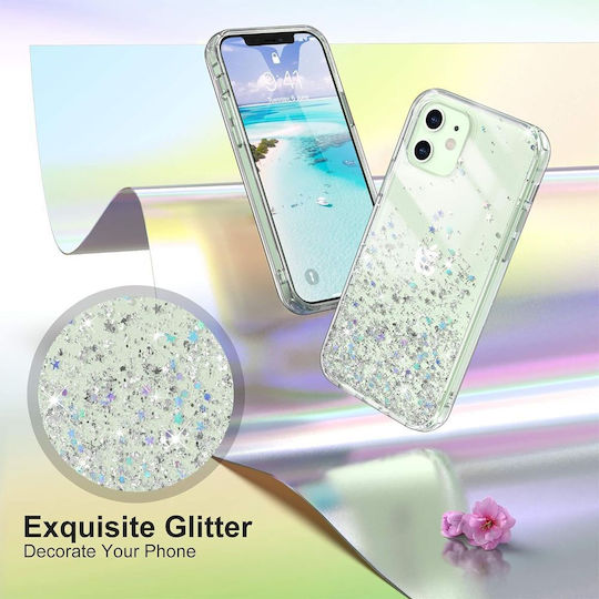 Jup Калъф #7402339-a 8865-23 iPhone 12/12 Pro Блестящи Сребърни Звезди Прозрачен TPU + PC 6.1" Пример