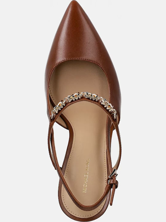 Leather Pointed Toe Heels with Strap & High Heel Brown