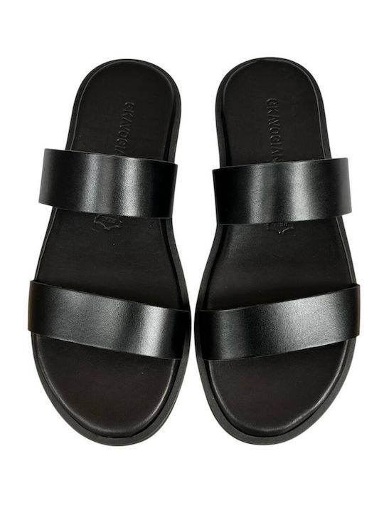 Leather Women's Flat Sandals in Black Color