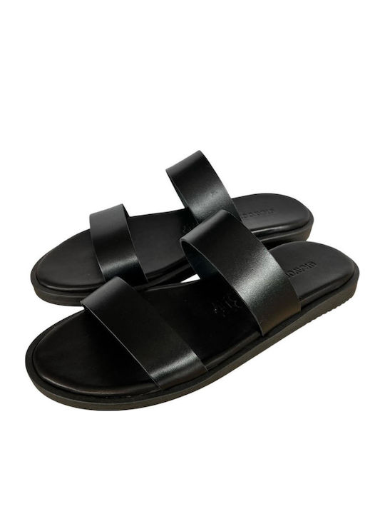 Leather Women's Flat Sandals in Black Color