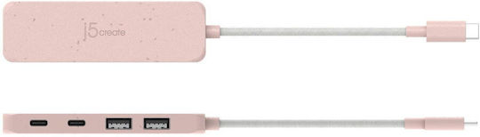 J5create USB Хъб 4 Порта USB 3.0 с USB-C Връзка Розов