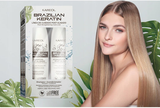 Kareol Set De Tratamente Cu Keratină Braziliană Pentru Îndreptare Pentru Păr Deteriorat Cu Șampon Și Balsam 2 Bucăți