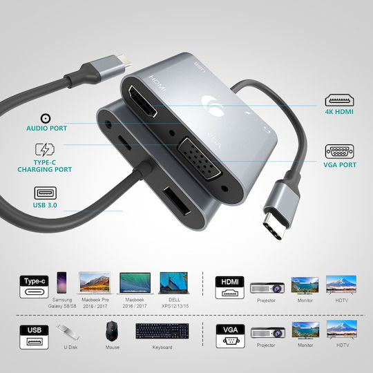 VCOM USB-C Docking Station με HDMI 4K PD Γκρι (CU4511)