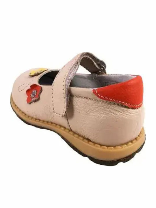 Kids Leather Ballerinas with Hoop & Loop Closure Beige