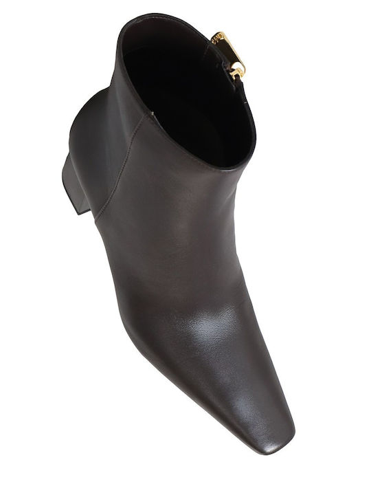 Leather Women's Ankle Boots with Medium Heel Brown