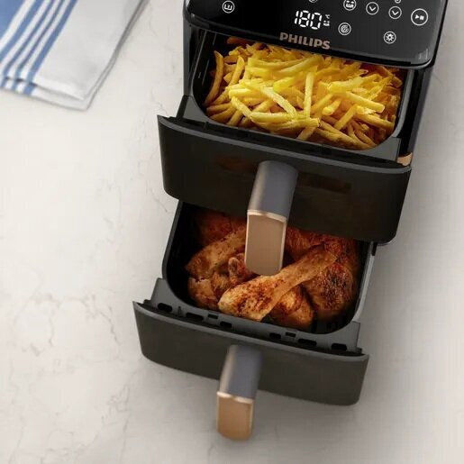Philips Heißluftfritteuse mit Doppel-Abnehmbarer Korb 10Es Schwarz NA462/70