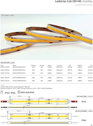 VK Lighting Ταινία LED 24V Θερμό Λευκό Φως 5m Τύπου COB