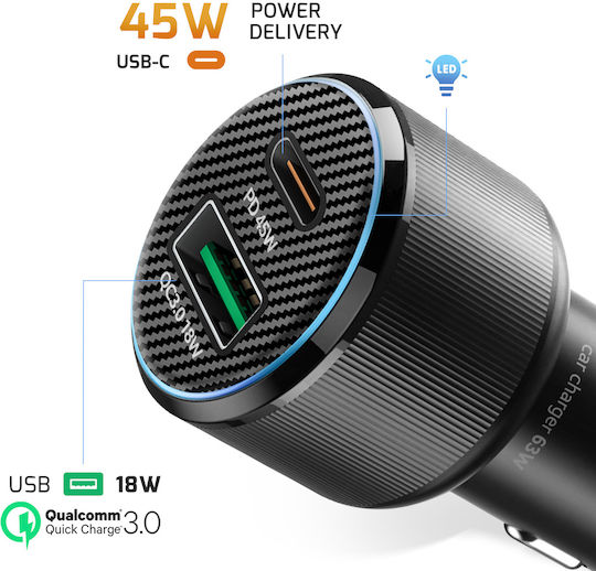 Swissten 45W PD USB-C 18W QC USB 3.0 Автомобилно Зарядно Устройство USB-C Кабел Черен