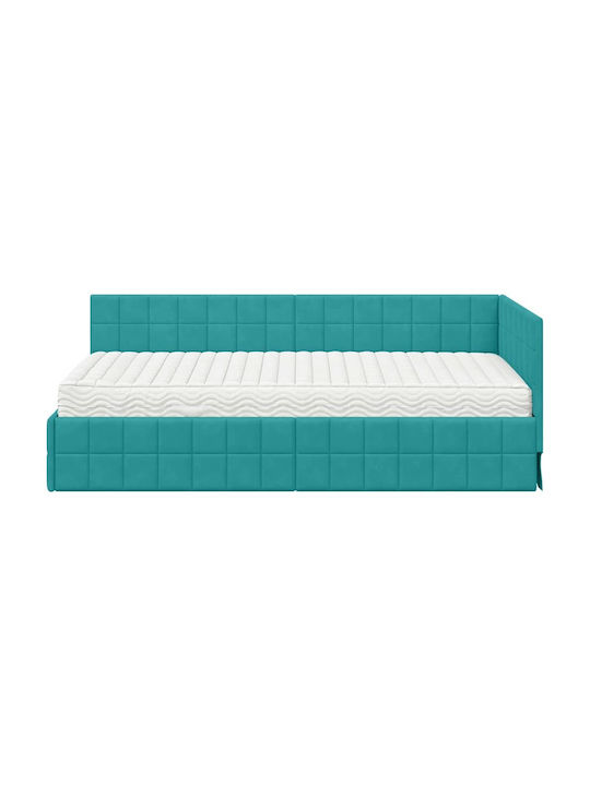 Single Bed Upholstered with Velvet Turquoise Velvet with Slats and Mattress 100x200cm