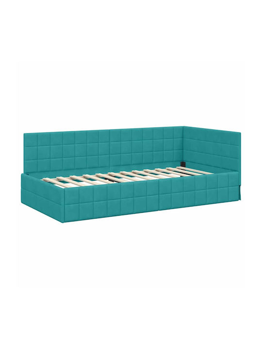 Single Bed Upholstered with Velvet Turquoise Velvet with Slats and Mattress 100x200cm