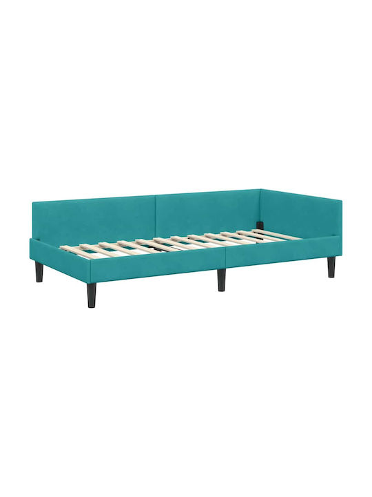 Pat Single Tapitat Cu Catifea Turcoaz Cu Plăci Și Saltea 94x190cm
