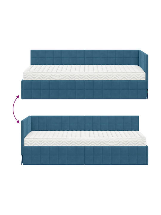Single Bed Upholstered with Velvet Blue Velvet with Slats & Mattress 80x200cm