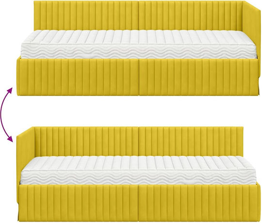 Single Bed Upholstered with Velvet Yellow Velvet with Slats and Mattress 80x200cm