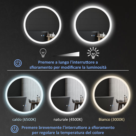 Kleankin Oglindă de Baie Rotundă Lumini LED 70x70cm