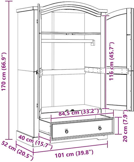 Δίφυλλη Ντουλάπα Λευκό 101x52x170cm