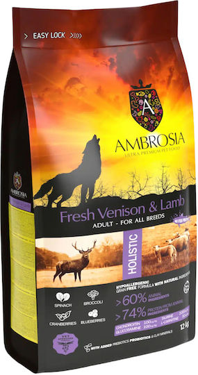 Ambrosia Grain Free Adult Fresh Venison & Lamb 12kg Dry Food Grain-Free for Adult Dogs with Lamb and Deer