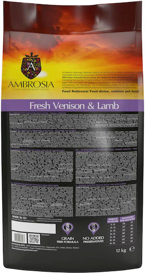 Ambrosia Grain Free Adult Fresh Venison & Lamb 12kg Dry Food Grain-Free for Adult Dogs with Lamb and Deer