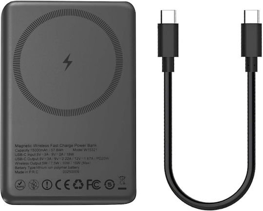 LinQ MagSafe Външна Батерия 15000mAh 20W с USB-C Изходен Порт Черна