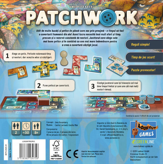Joc de Societate Patchwork pentru 2 Jucători 8+ Ani