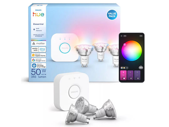 Philips Smart Λάμπες Philips Hue LED 4.7W για Ντουί GU10 RGB Dimmable 3τμχ