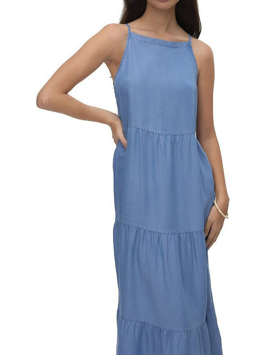 Summer Midi Denim Dress with Ruffles Medium Blue Denim