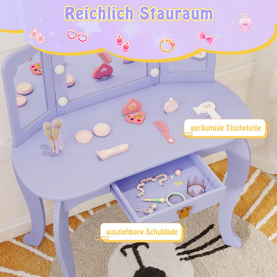 Costway Kids Cosmetic Table Lighting Triple Folding Mirror Purple Hy10338de-zs