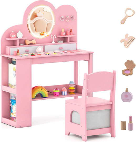Costway Makeup Table Set Girls Lighting & Mirror Pink Princess Table Chair 2 Drawers Tp10446pi