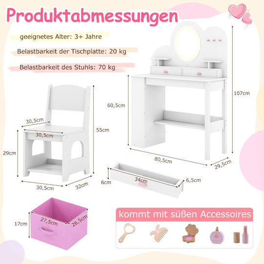 Costway Princess Grooming Set Lighted Mirror & Stool 2 Drawers White Tp10446wh
