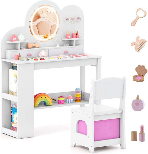 Costway Princess Grooming Set Lighted Mirror & Stool 2 Drawers White Tp10446wh