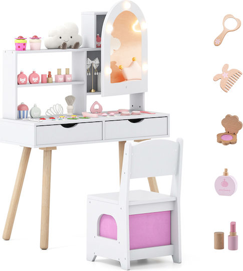 Costway Kids Makeup Table Chair Set Mirror Adjustable 3 Color Lighting White Tp10448wh