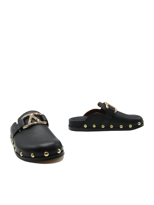 Leder Mules mit Absatz in Schwarz Farbe