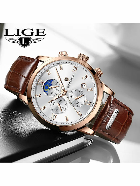 Lige Herrenuhr 42mm Batterie mit Braun Lederarmband