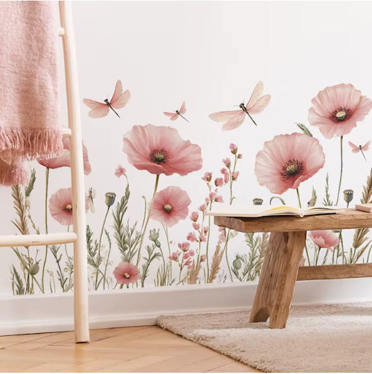 Decorative Sticker Wall Furniture Window Pink Poppy Flowers Dragonflies Design Self-Adhesive PVC Vinyl Sticker Size 100 x 54 cm Premium Original Deals