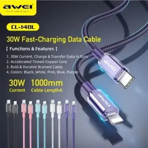 Awei USB-C to Lightning Cable 30W Μαύρο 1m (CL-148L)