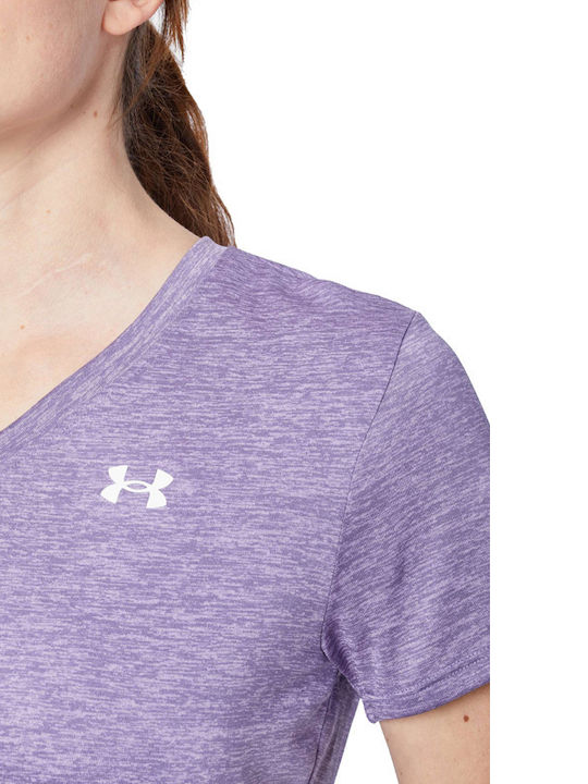 Twist Women's Athletic Blouse Short Sleeve Fast Drying with V Neckline & Sheerness Purple