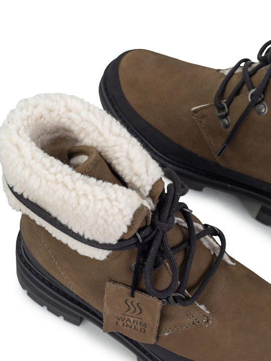 Orianna Turn Leather Women's Ankle Boots with Fur Khaki