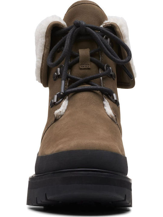 Orianna Turn Leather Women's Ankle Boots with Fur Khaki