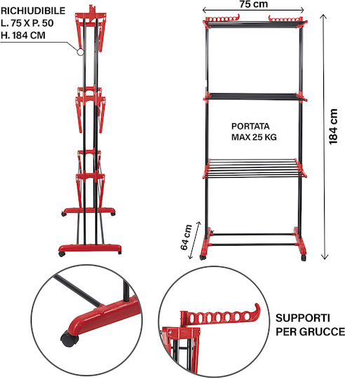 Galileo Folding Floor Clothes Drying Rack Metallic with Wheels Hanging Length 18m
