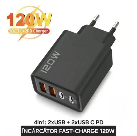 Încărcător Fără Cablu cu 2 Porturi USB-A și 2 Porturi USB-C 120W Livrarea energiei / Quick Charge 3.0 Negruς