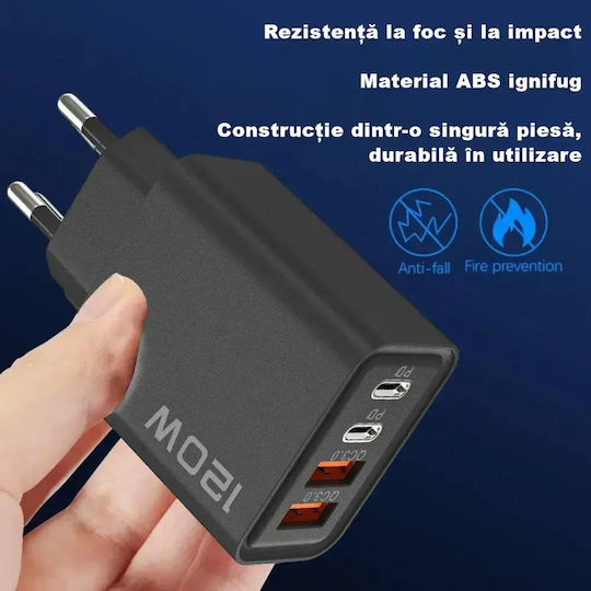 Încărcător Fără Cablu cu 2 Porturi USB-A și 2 Porturi USB-C 120W Livrarea energiei / Quick Charge 3.0 Negruς