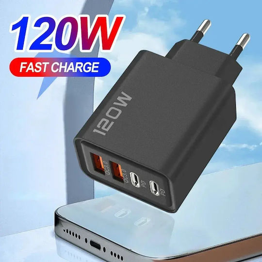 Încărcător Fără Cablu cu 2 Porturi USB-A și 2 Porturi USB-C 120W Livrarea energiei / Quick Charge 3.0 Negruς