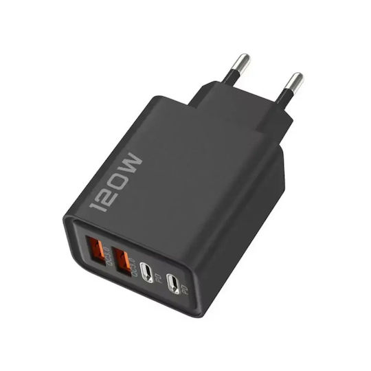 Încărcător Fără Cablu cu 2 Porturi USB-A și 2 Porturi USB-C 120W Livrarea energiei / Quick Charge 3.0 Negruς